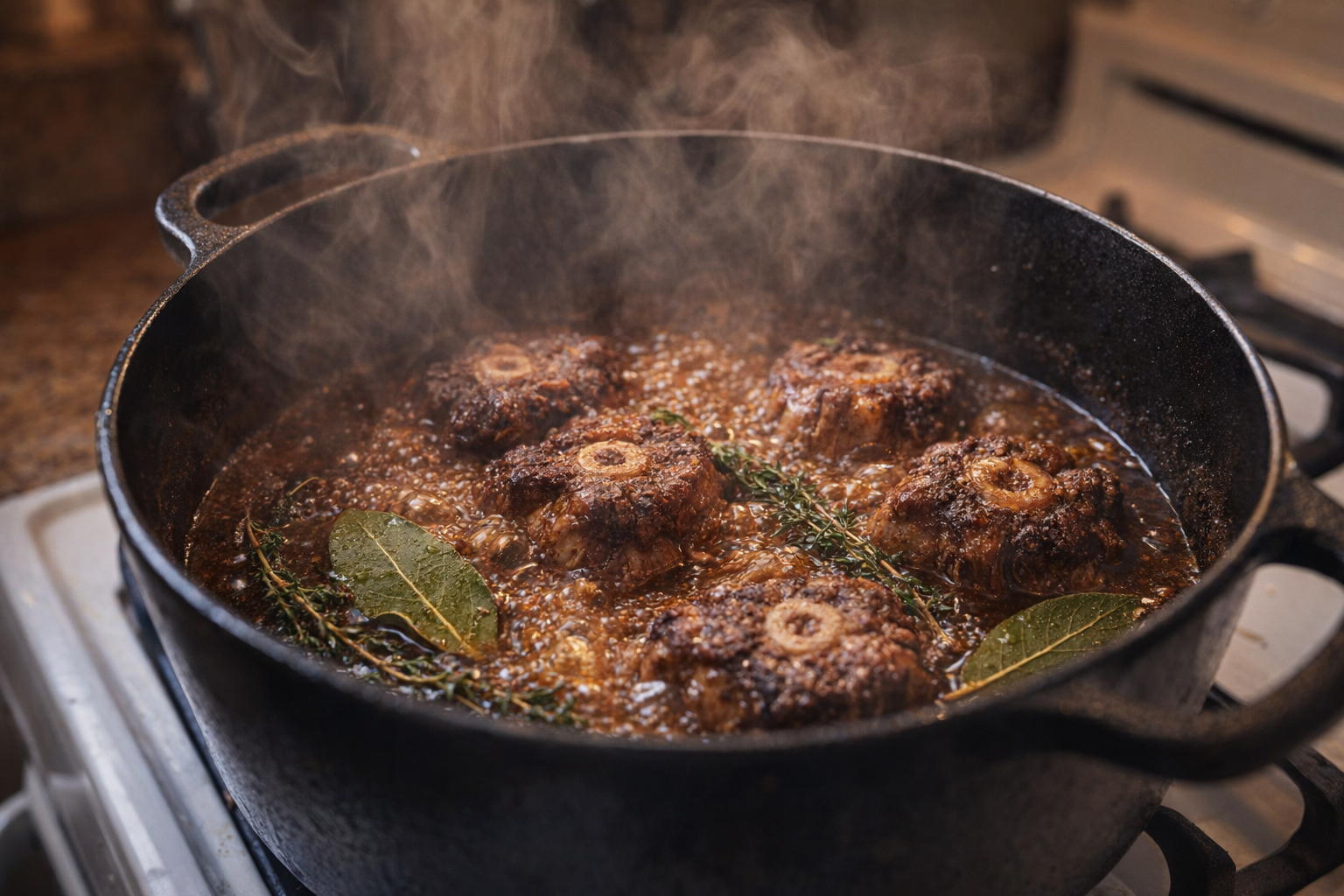 An action shot of oxtails braising in a dutch oven, the bubbling sauce reducing, steam rising, bay leaves and thyme sprigs visible, warm kitchen lighting